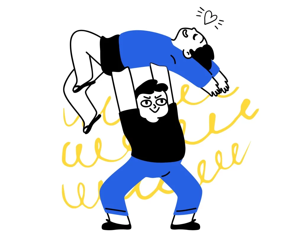 Es una ilustración descargada de Canva. Son dos personas, una levanta a la otra con los dos brazos como en un baile. Los colores de las ilustraciones son azul, negro y amarillo. Para la asesoría avanzada.