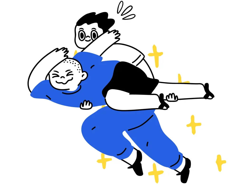 Es una ilustración descargada de Canva. Son dos personas, una lleva a otra en brazos como volando y va corriendo. Los colores de las ilustraciones son azul, negro y amarillo. Para la asesoría básica.