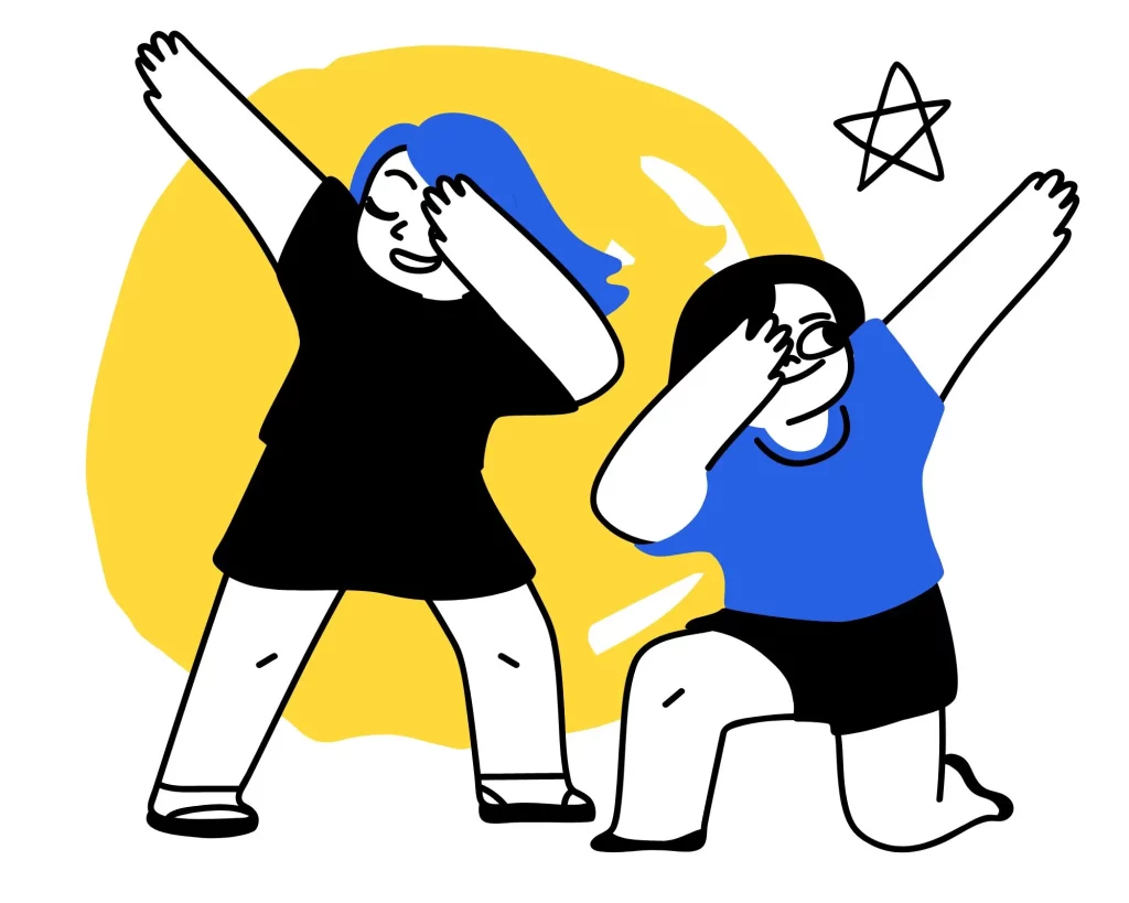 Es una ilustración descargada de Canva. Son dos personas con una pose de baile después de finalizarlo, con los brazos hacia arriba en diagonal. Los colores de las ilustraciones son azul, negro y amarillo.