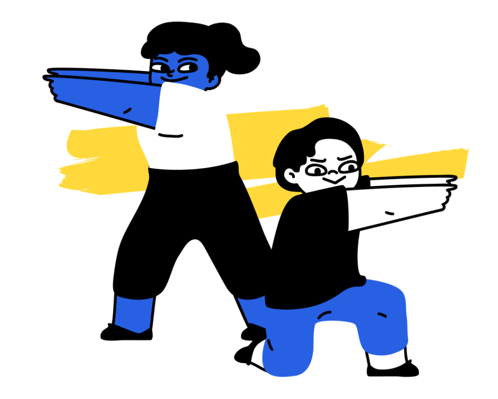 Caricatura de dos chicas apuntando con sus brazos y manos a lados contrarios como si estuvieran cuidando sus espaldas.